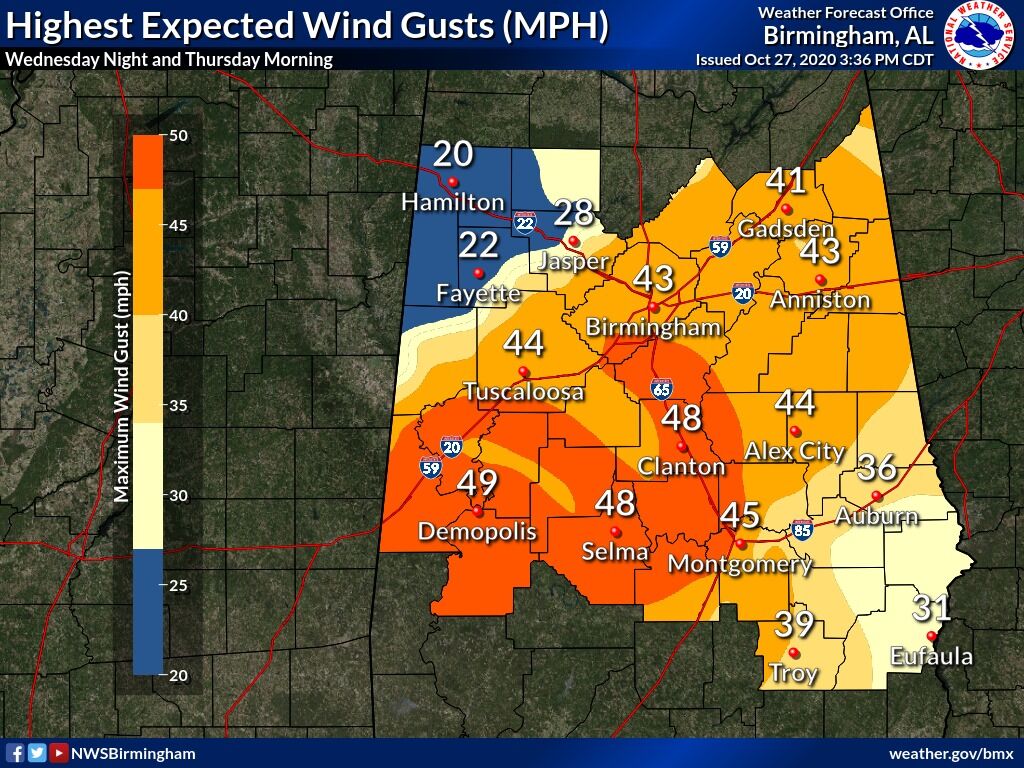Topical Storm Zeta wind forecast map 10-27-20